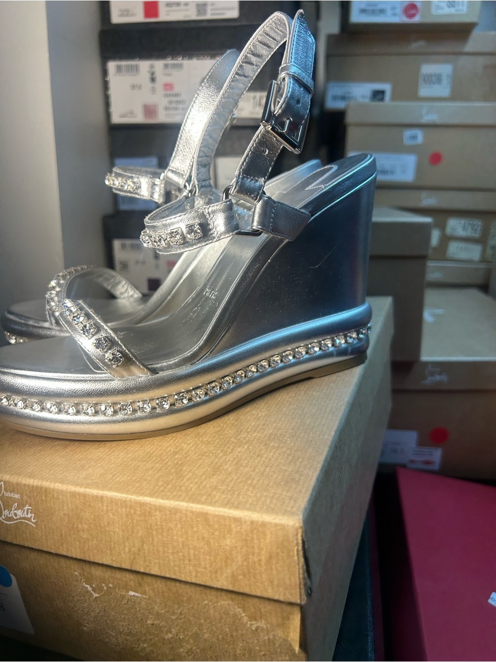 Christian Louboutin Silver Crystal Platform Sandals with Ankle Strap - Picture 3 of 9